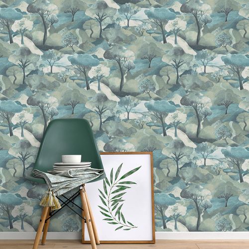 Non-woven wallpaper landscape petrol green 10433-07