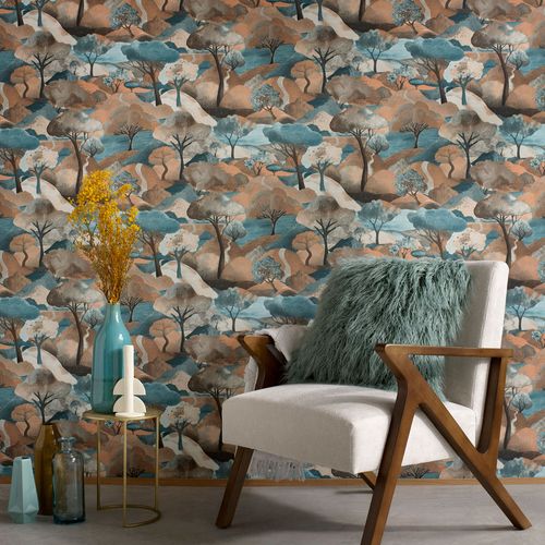 Non-woven wallpaper landscape petrol brown grey 10433-19