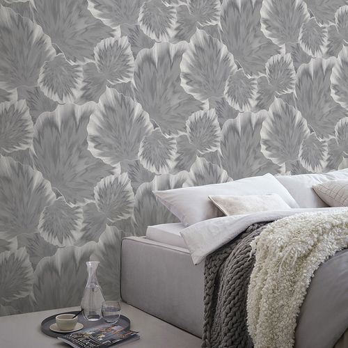 Non-woven wallpaper leaves grey silver metallic 10402-10