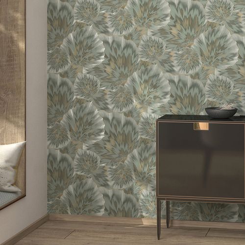 Non-woven wallpaper leaves green gold metallic 10402-24