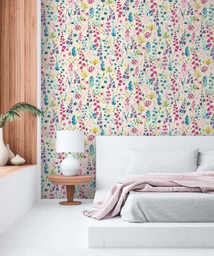 Non-woven wallpaper wildflowers white colourful 39606-1