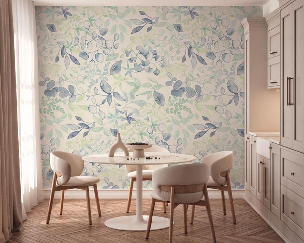 Non-woven wallpaper leaves white blue green 39692-1