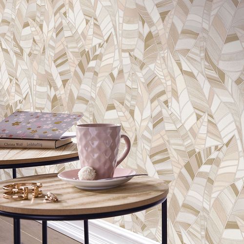 Non-woven wallpaper Elle leaves beige glitter 10446-02