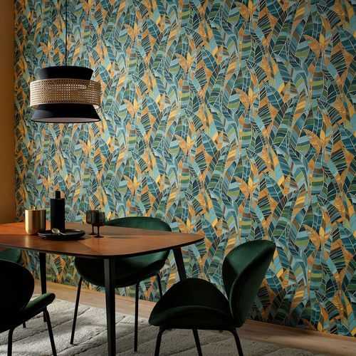 Non-woven wallpaper Elle leaves green yellow gold 10446-19