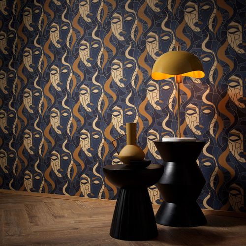 Non-woven wallpaper Elle mosaic blue beige gold 10458-08