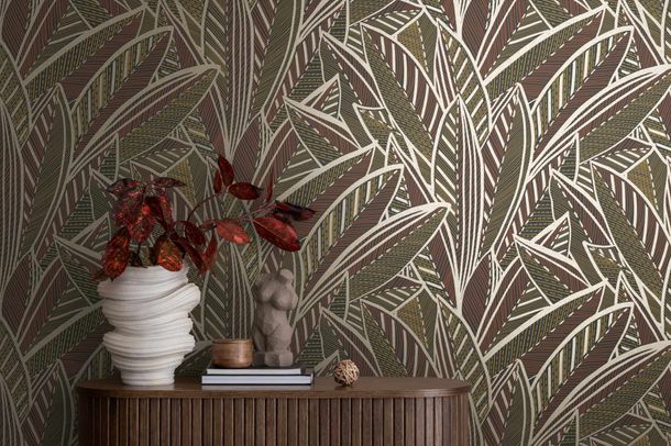 Non-woven wallpaper leaves black brown metallic 39933-1