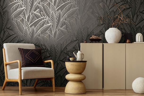 Non-woven wallpaper leaves abstract black grey 39933-4