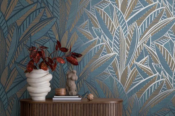 Non-woven wallpaper leaves dark blue yellow 39933-5