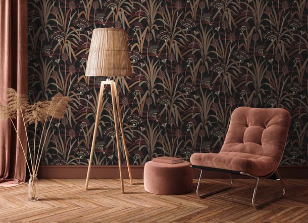 Non-woven wallpaper floral black red copper 39936-4