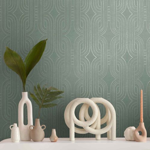 Non-woven wallpaper retro green white gold 39937-5