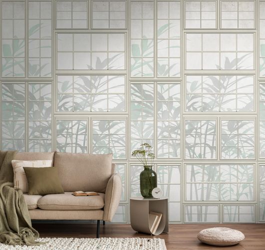 Photo wallpaper window 3D look cream green 39845-1