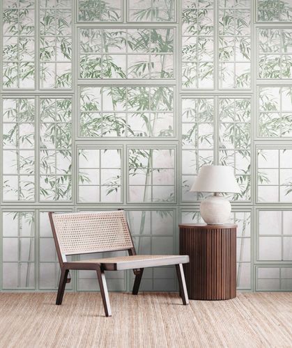 Photo Wallpaper Window Bamboo Floral Cream Green 39846-1