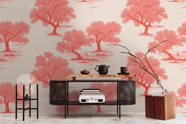 Photo wallpaper landscape trees cream red 39876-1