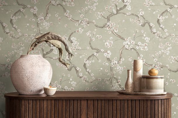 Non-woven wallpaper floral green grey white 78199-1