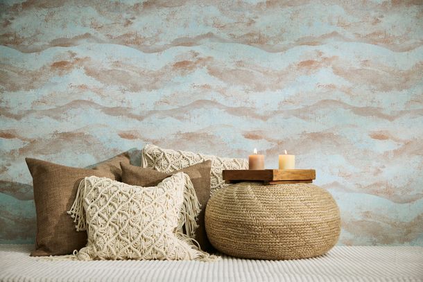 Non-woven wallpaper waves blue copper metallic 78656-5