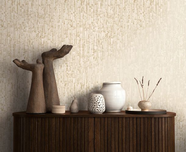 Non-woven wallpaper stone look cream beige metallic 78666-1