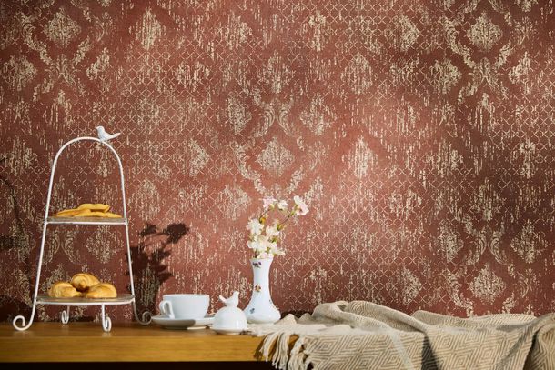 Non-woven wallpaper baroque red gold metallic 78672-3