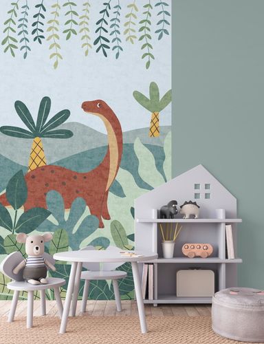 Non-woven wallpaper kids dino jungle green red 77062-1