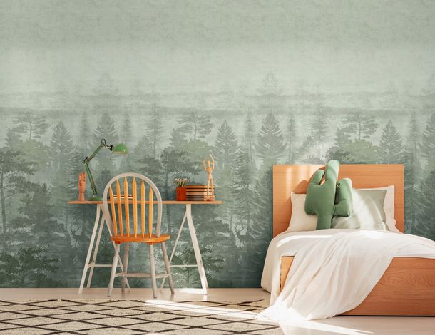 Non-woven wallpaper kids forest fog green grey 77069-1