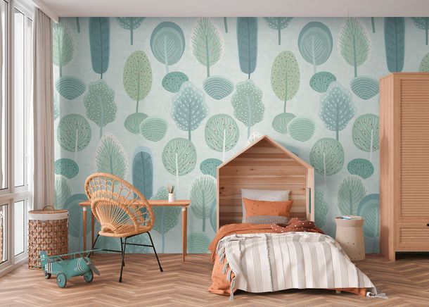 Non-woven wallpaper kids abstract trees blue green 77071-1