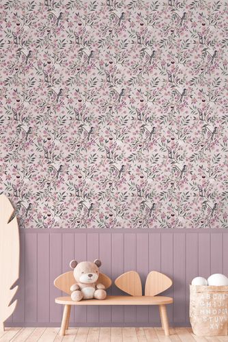 Non-woven wallpaper floral birds panels pink grey 77074-1