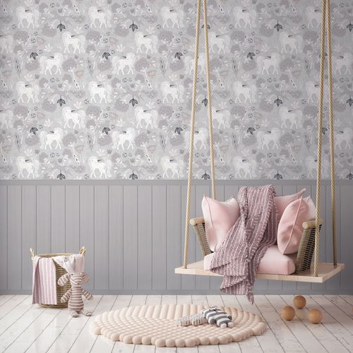 Non-woven wallpaper unicorns wooden panels grey 77076-1