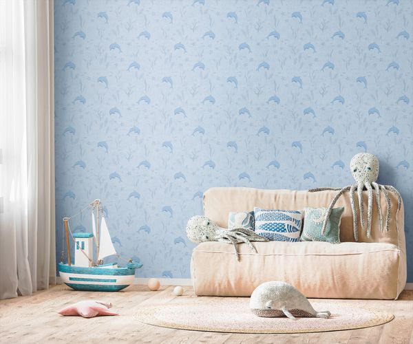 Non-woven wallpaper kids sea dolphins fish blue 77132-1