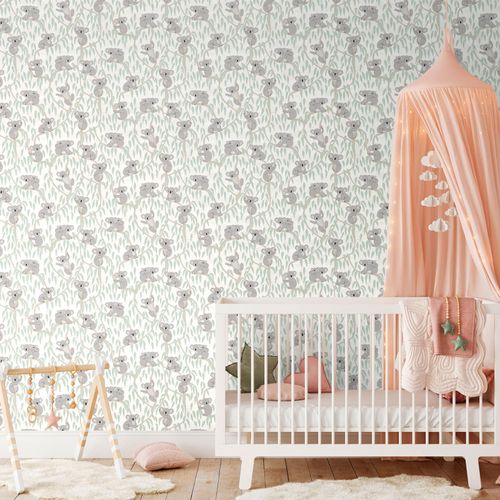 Non-woven wallpaper kids koalas trees beige green 77134-1