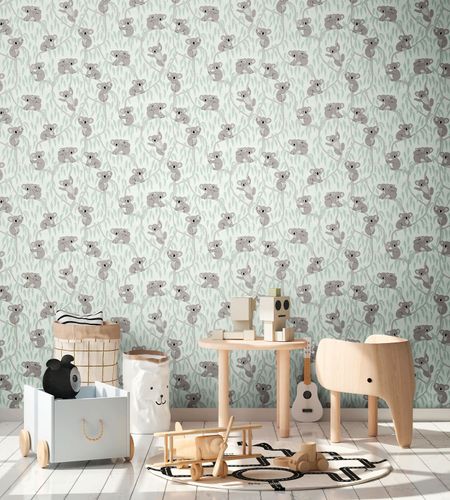 Non-woven wallpaper kids koalas trees green grey 77134-2