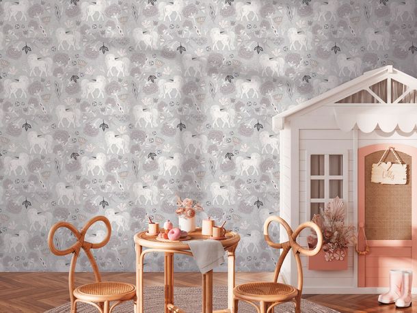 Non-woven wallpaper kids unicorns floral grey white 77138-1