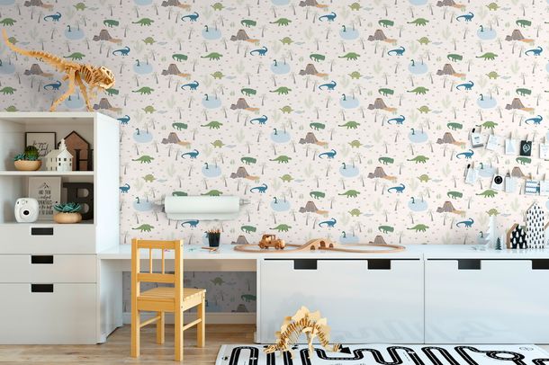 Non-woven wallpaper kids dinosaur cream green 77140-1