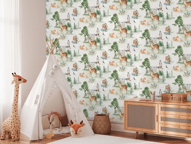 Non-woven wallpaper kids forest animals cream green 77172-1