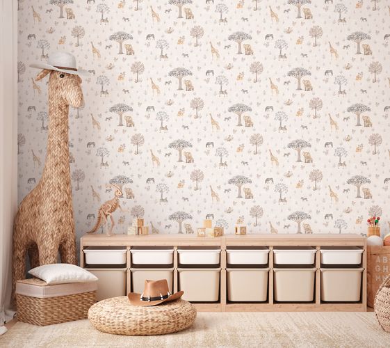 Non-woven wallpaper kids animals trees cream grey 77176-1