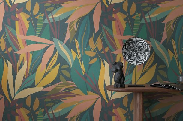 Non-woven wallpaper leaves graphic blue green 78209-1