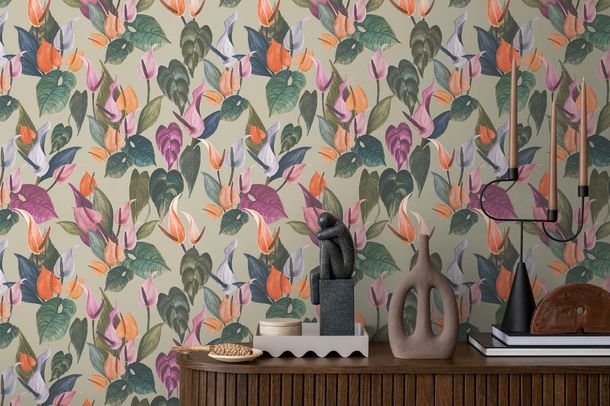 Non-woven wallpaper flowers tropical green purple 78210-2