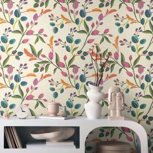 Non-woven wallpaper floral vintage cream colourful 78211-1