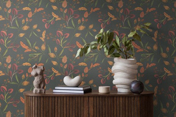 Non-woven wallpaper floral vintage green orange 78211-2