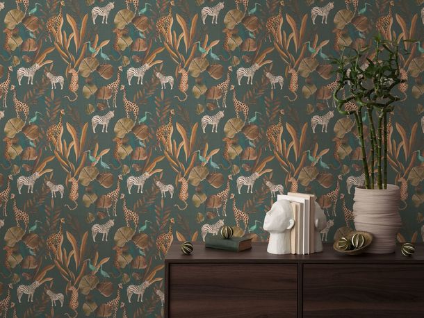 Non-woven wallpaper animals exotic green brown 78218-2