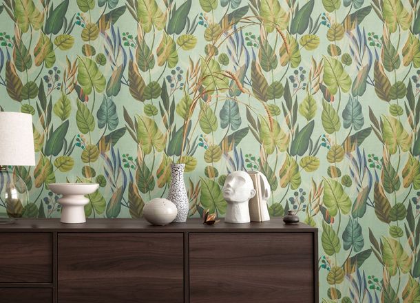 Non-woven wallpaper leaves tropical green blue 78219-1