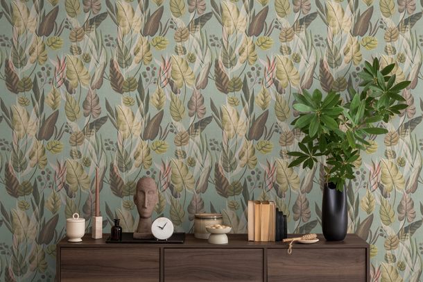 Non-woven wallpaper leaves tropical green brown 78219-3