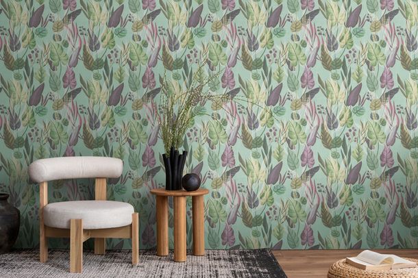 Non-woven wallpaper leaves tropical blue purple 78219-4