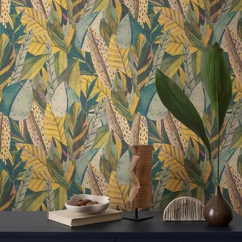 Non-woven wallpaper jungle leaves green yellow 78220-1