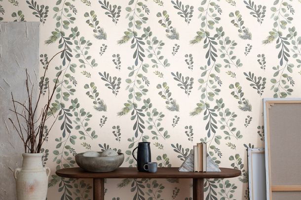 Non-woven wallpaper leaves branches cream green 78221-1