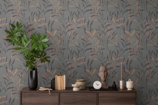 Non-woven wallpaper floral leaves grey brown 78222-2