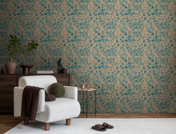 Non-woven wallpaper floral tendrils brown blue 78223-2