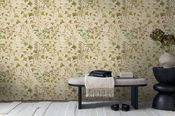 Non-woven wallpaper floral tendrils beige green 78223-3