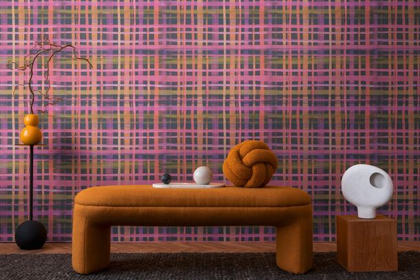 Non-woven wallpaper checkered pink blue 78224-2