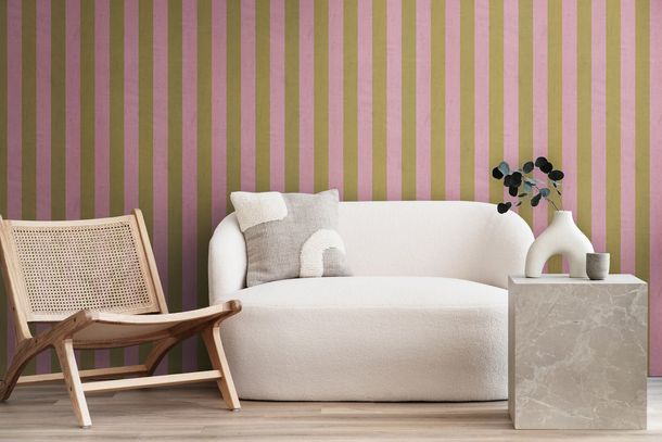 Non-woven wallpaper stripes textile look pink green 78226-1