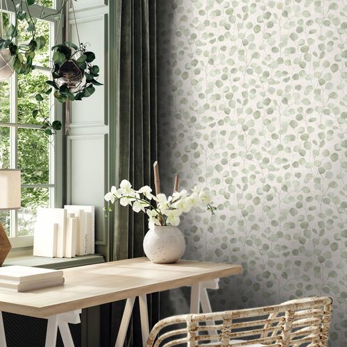Non-woven wallpaper leaves tendrils beige green 81642