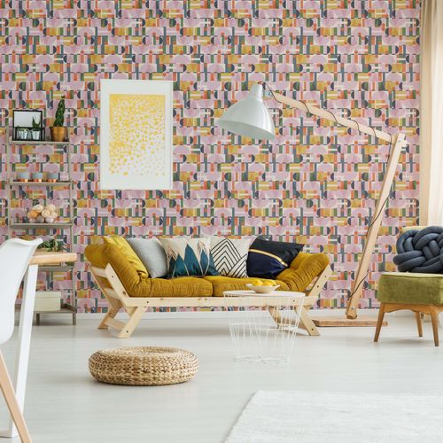 Non-woven wallpaper concrete look pink yellow green 81645